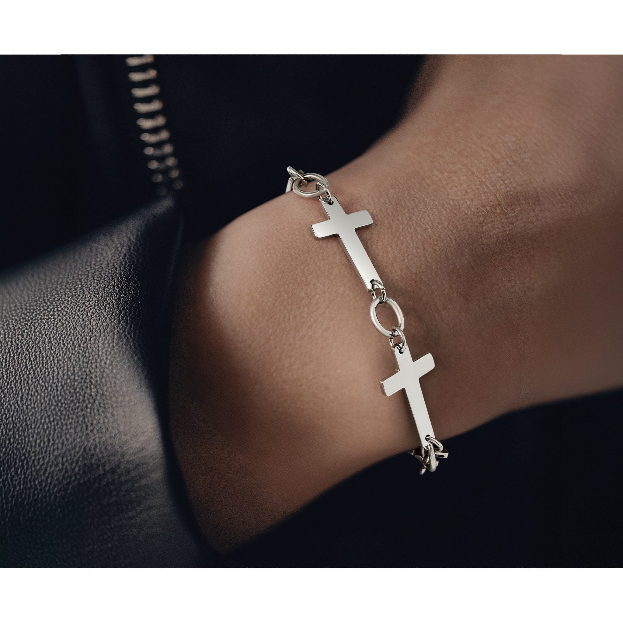 Stainless Steel Polished Sideways Cross Link Bracelet for Women