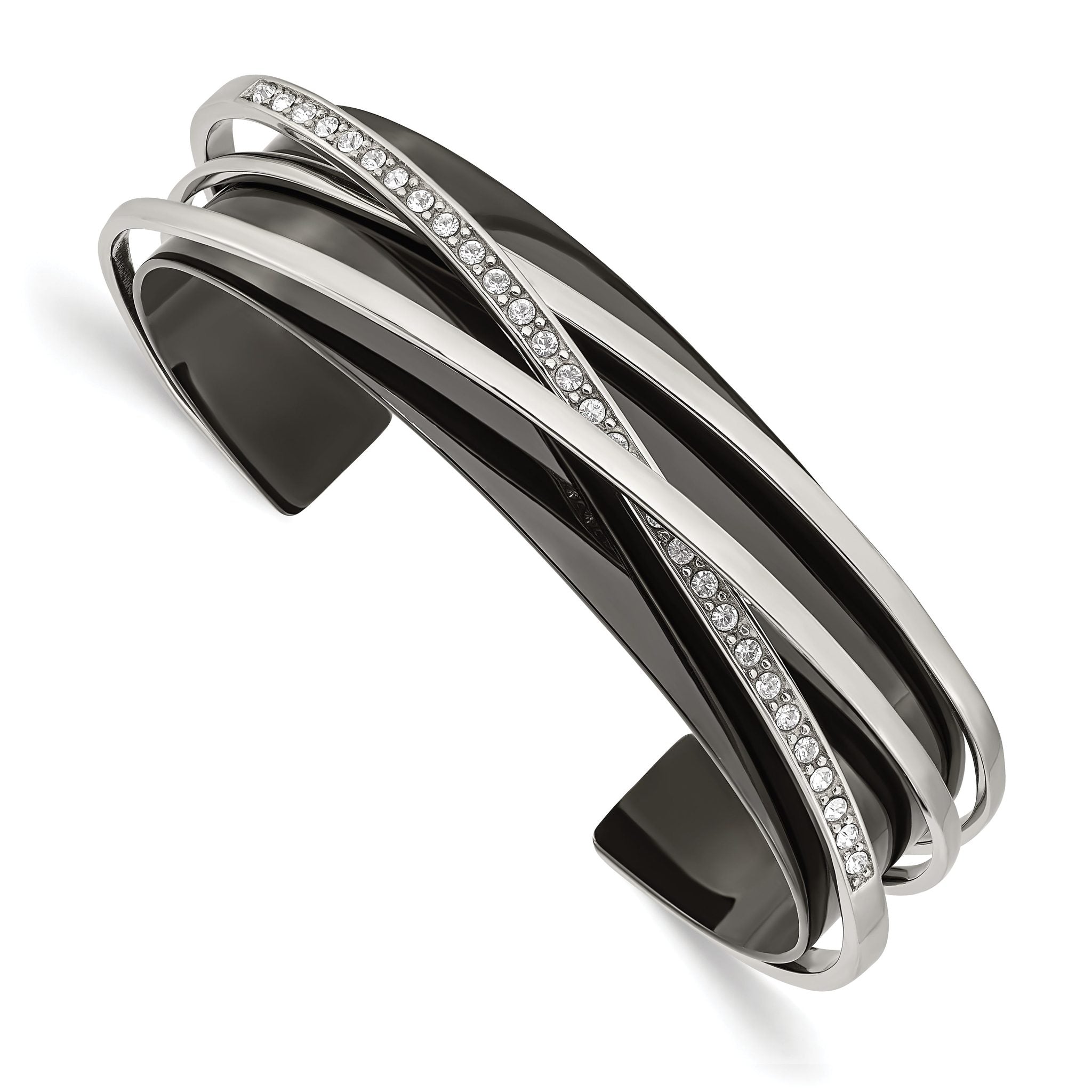 Stainless Steel Polished Black IP-plated with Crystals Layered Cuff Bangle Bracelet for Women Main image