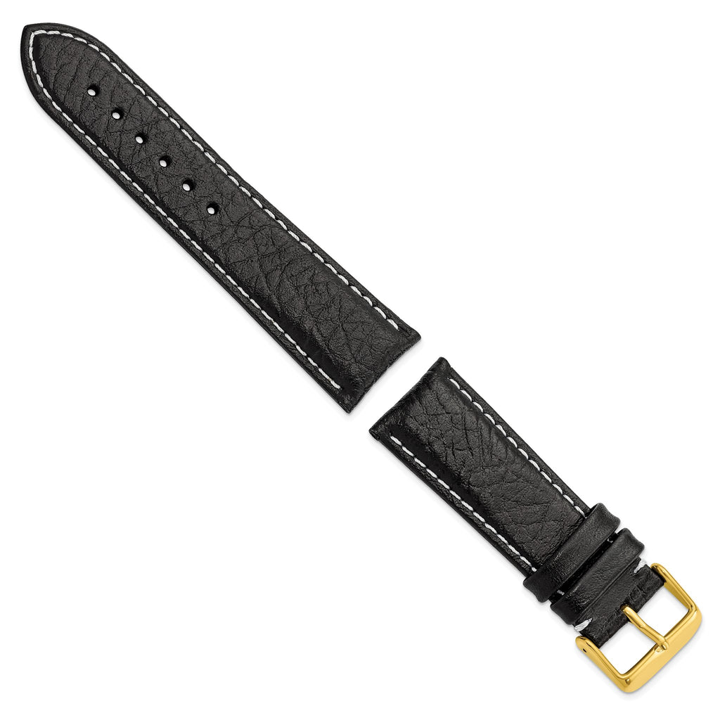 Short Sport Watch Band in Black Leather with Gold-Tone Buckle, 26mm