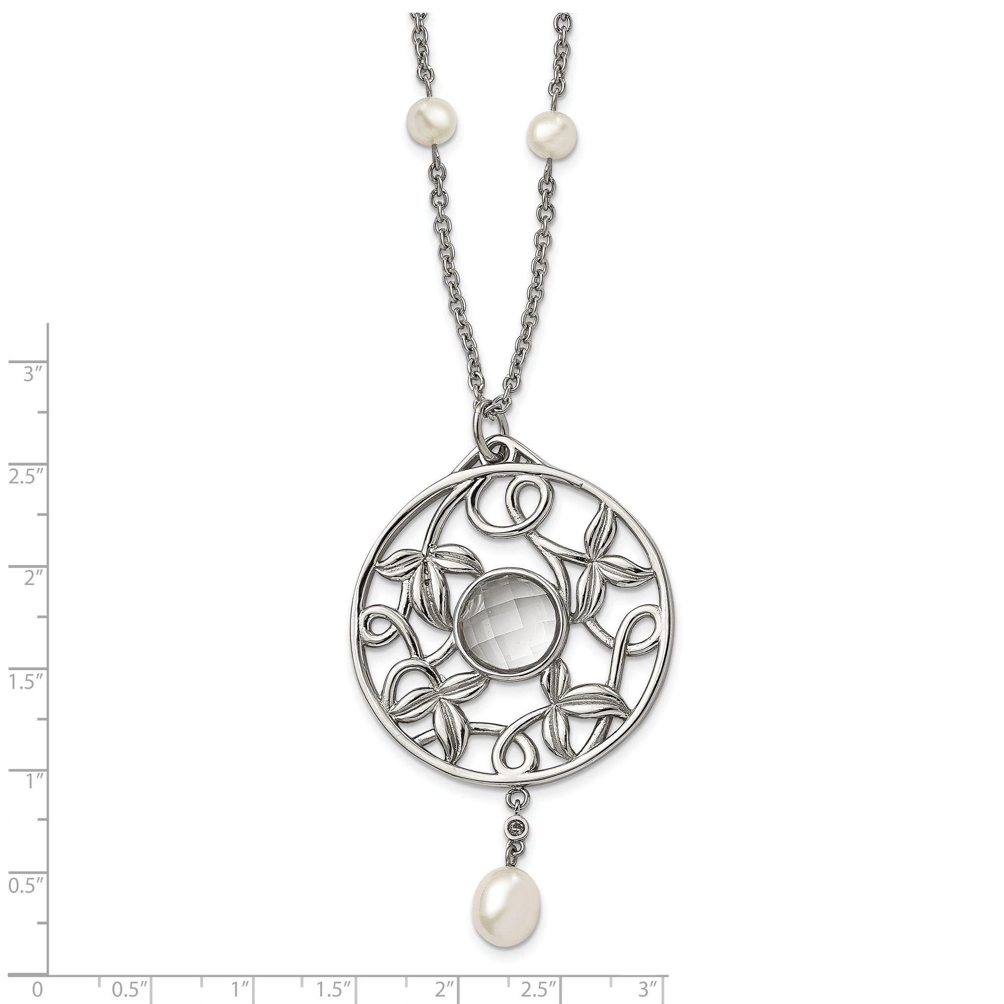 Stainless Steel Polished FWC Pearl & CZ & Glass 30in w/2in ext Necklace