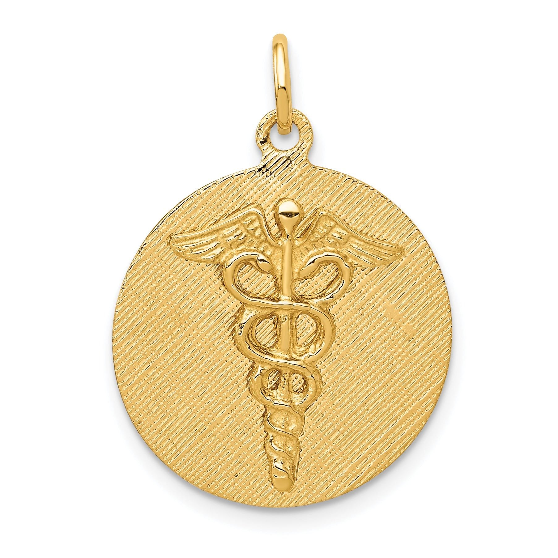 14K Gold Caduceus Disc Charm with Polished Engravable Design Main image