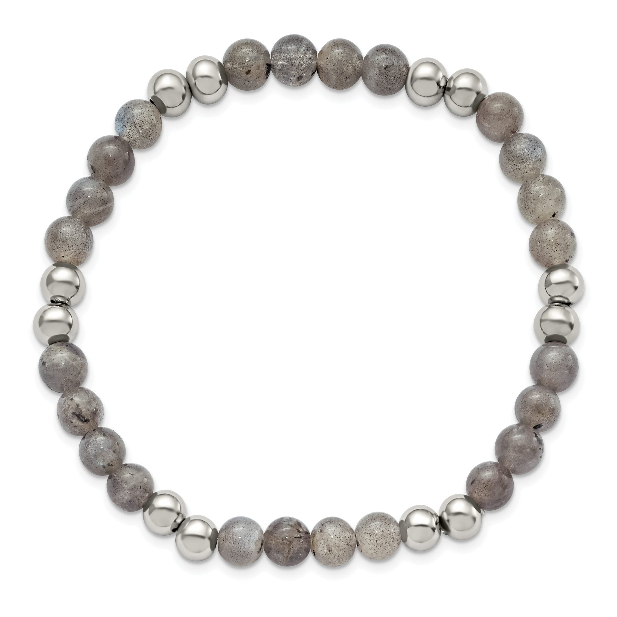 Stainless Steel 6mm Polished Grey Quartz Beaded Stretch Bracelet Secondary image