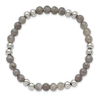 Stainless Steel 6mm Polished Grey Quartz Beaded Stretch Bracelet