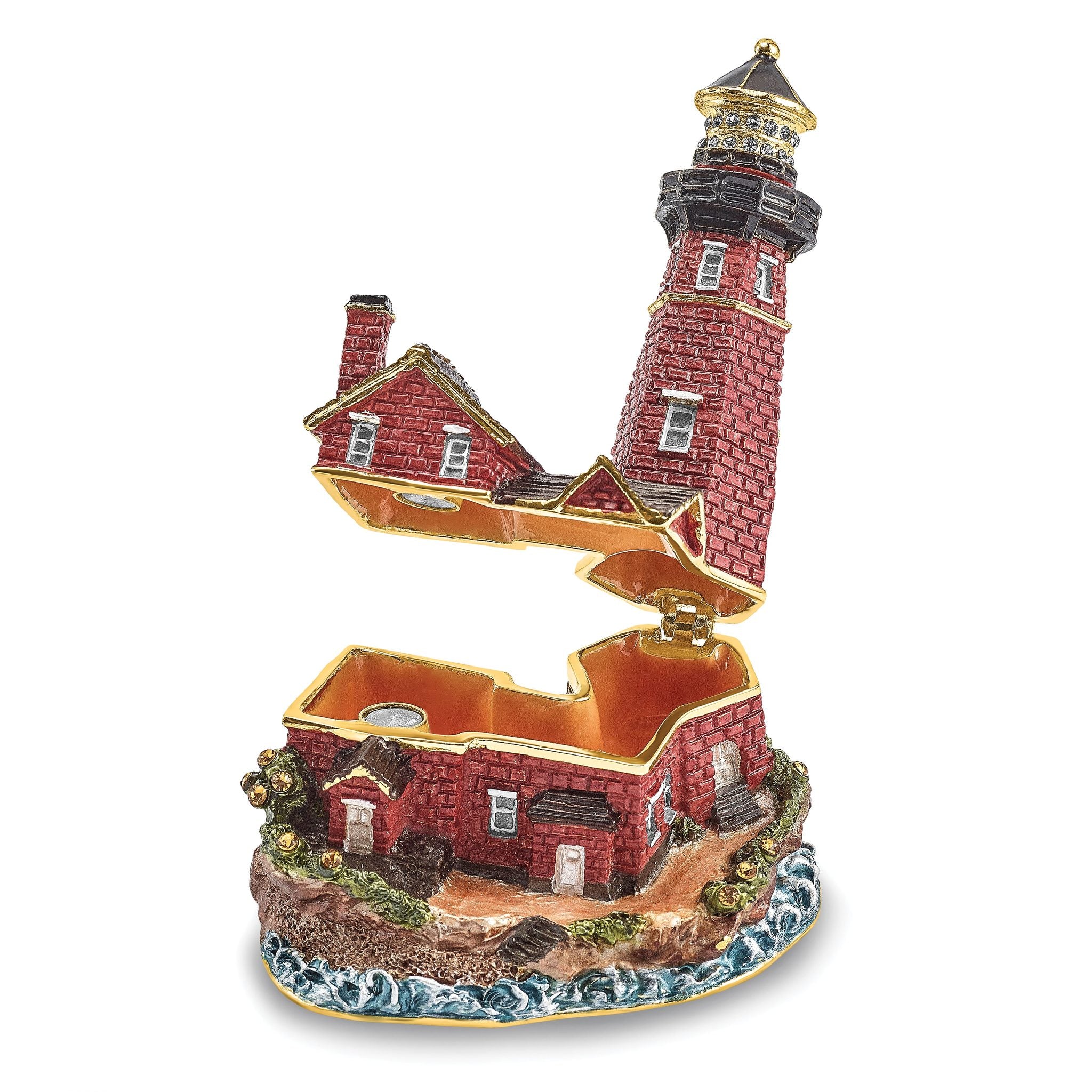 Luxury Giftware Pewter Bejeweled Crystals Gold-tone Enameled BEACON Red Brick Lighthouse Trinket Box with Matching 18 Inch Necklace Secondary image