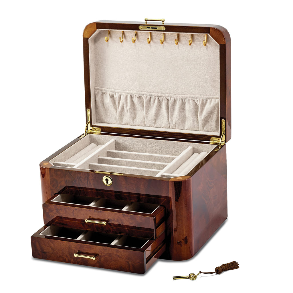 Luxury Giftware by Jere High GloSterling Silver Elm Burl Veneer with Double Braided Accents 2-drawer Locking Wooden Jewelry Box