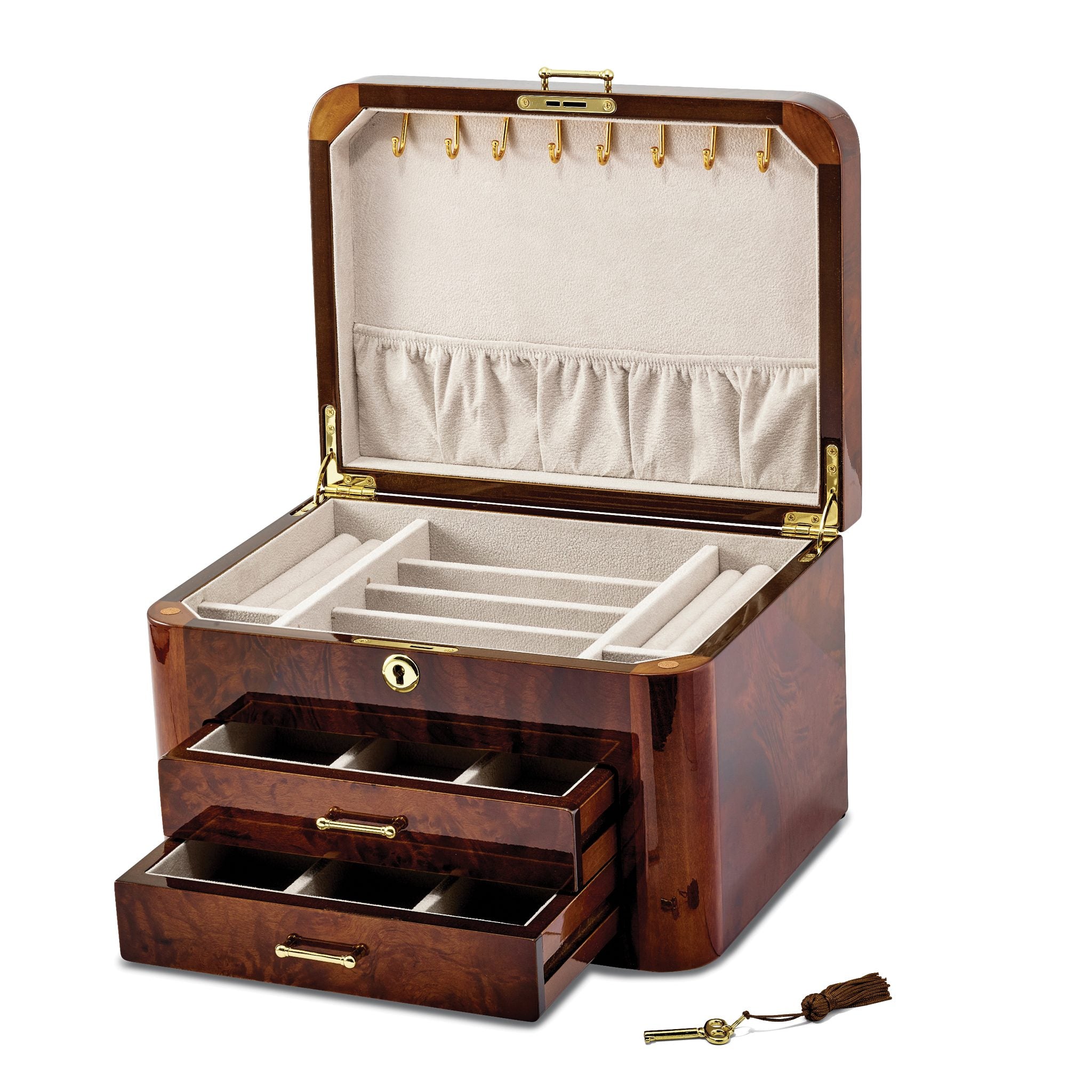 Luxury Giftware by Jere High GloSterling Silver Elm Burl Veneer with Double Braided Accents 2-drawer Locking Wooden Jewelry Box