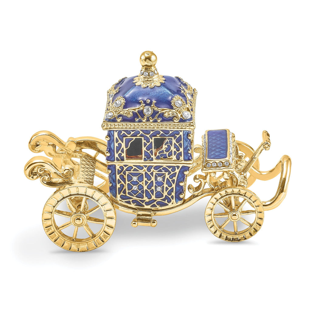 Luxury Giftware Pewter Bejeweled Crystals Gold-tone Enameled ROYAL BLUE Carriage With Ring Pad Trinket Box with Matching 18 Inch Necklace