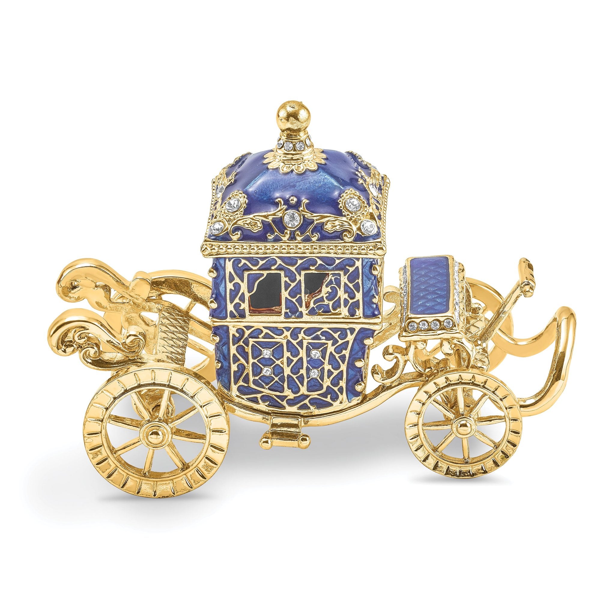 Luxury Giftware Pewter Bejeweled Crystals Gold-tone Enameled ROYAL BLUE Carriage With Ring Pad Trinket Box with Matching 18 Inch Necklace
