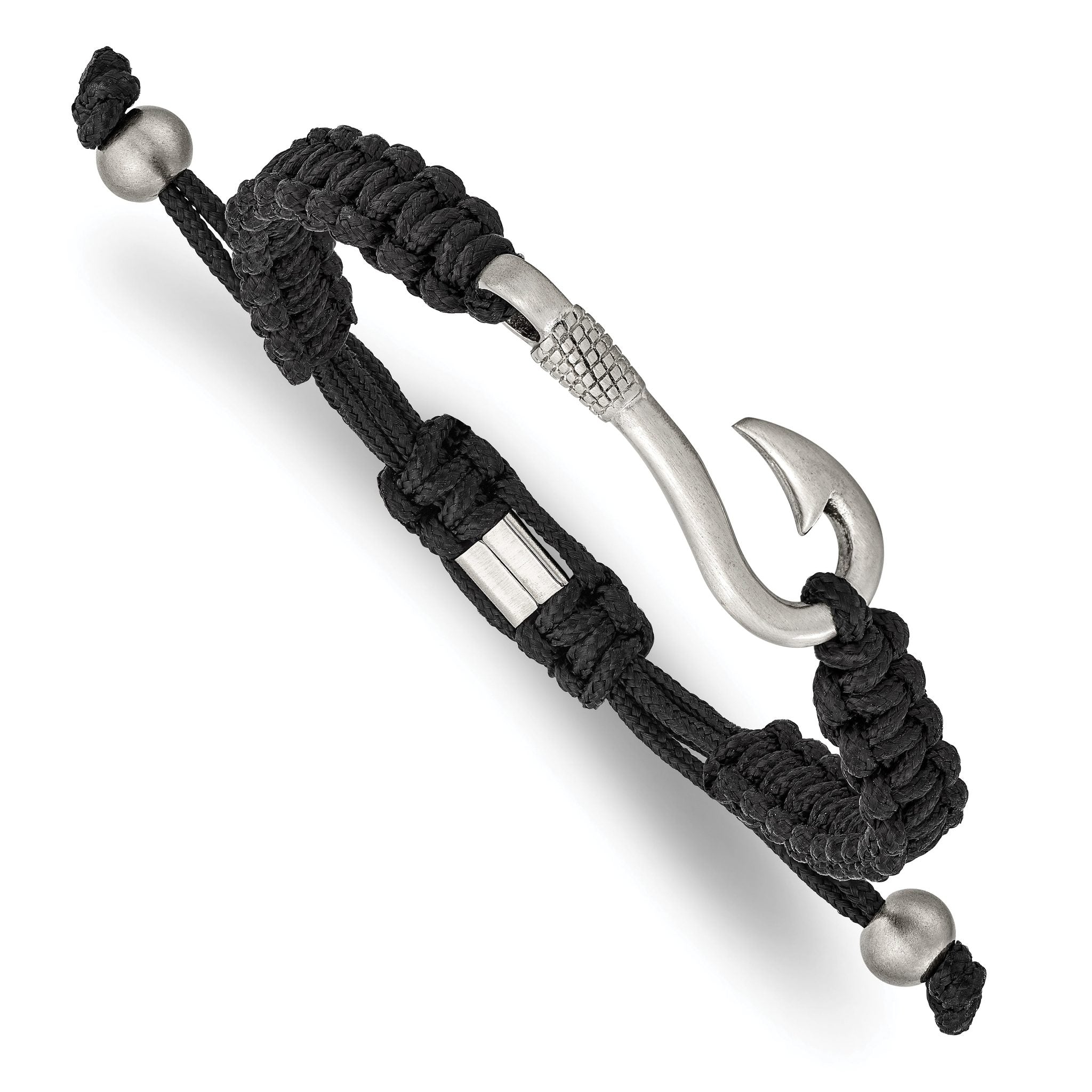 Fishing Hook Adjustable Bracelet in Stainless Steel & Black Nylon Main image