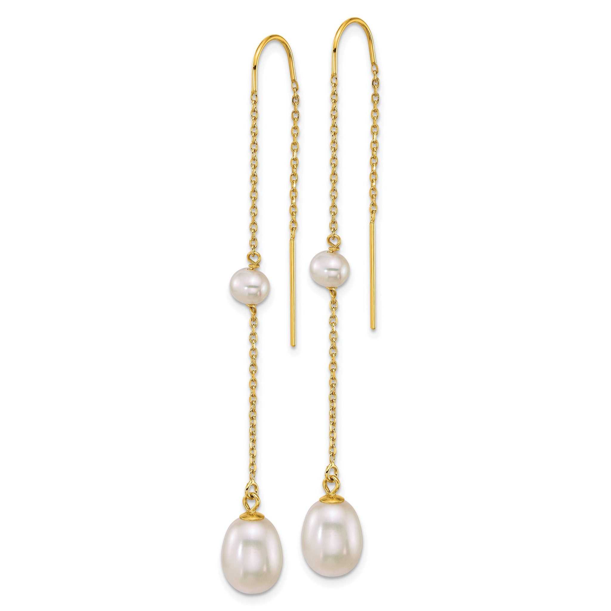 14k Polished 4-5mm Near Round and 7-8mm Teardrop White Freshwater Cultured Pearl and Chain Threader Earrings