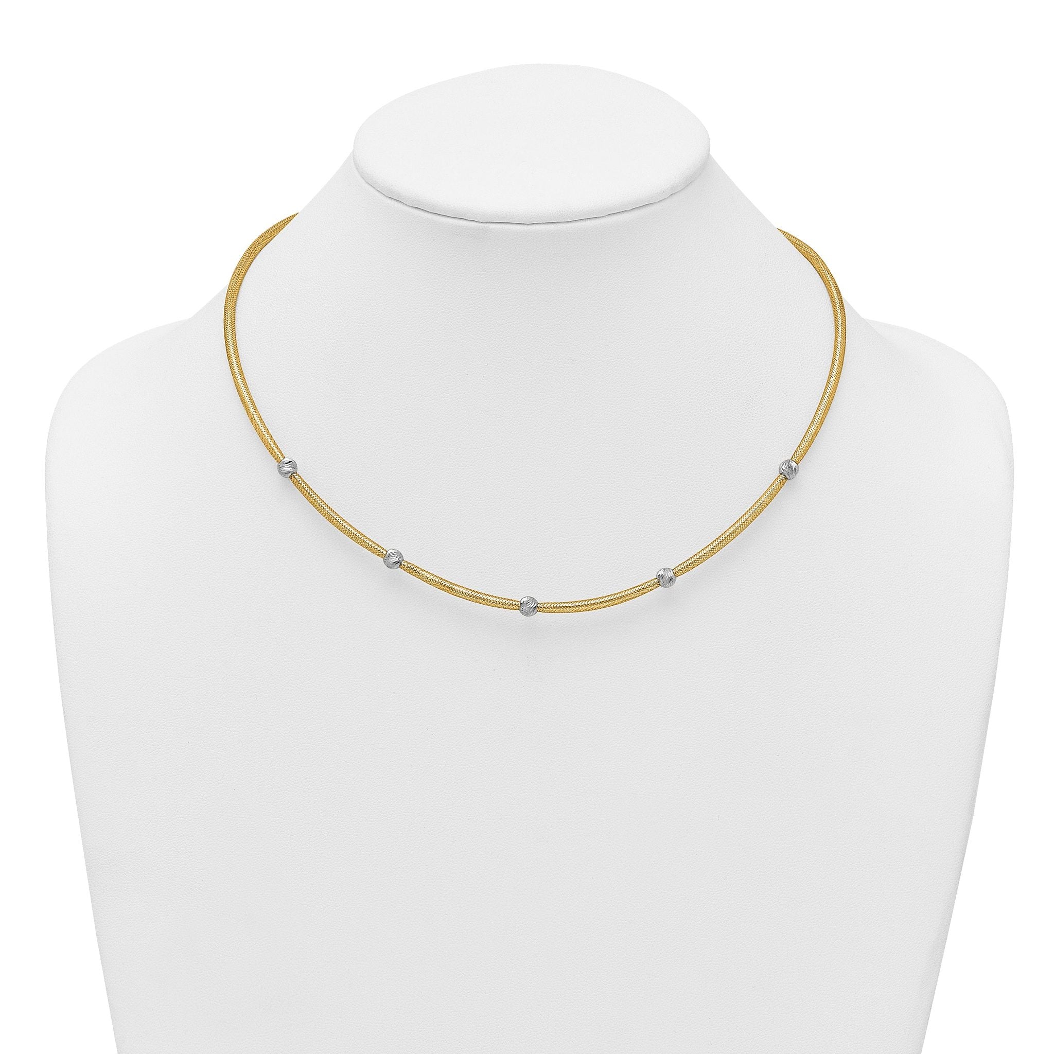 14k Polished with Rhodium 5-Station Diamond-cut Beads 4mm Flexible Mesh 18 inch Necklace