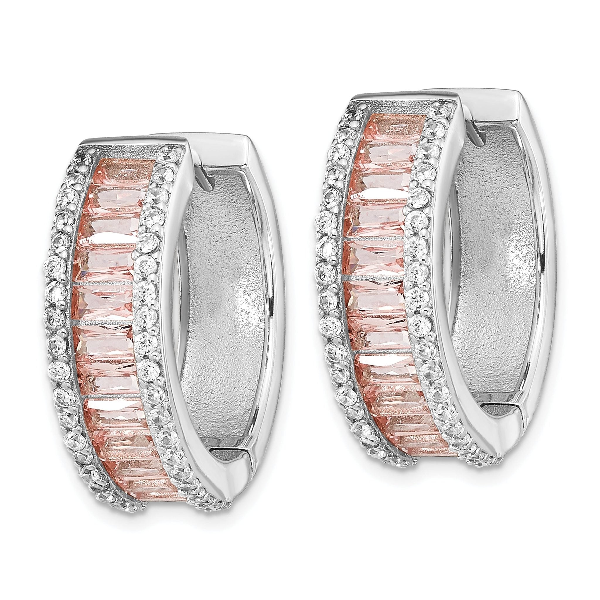 Cheryl M Sterling Silver Rhodium-plated Emerald-cut Pink Nano Crystal and White Brilliant-cut CZ Round Hinged Hoop Earrings Secondary image