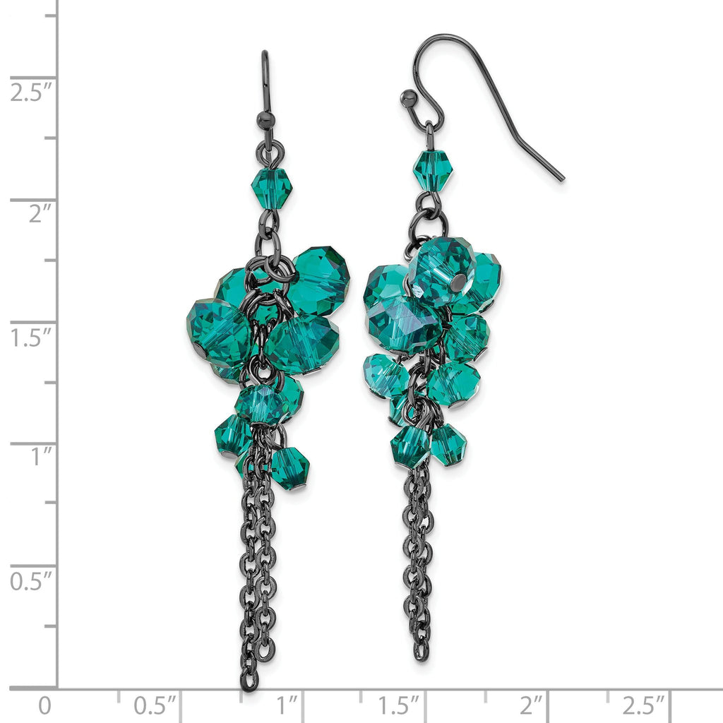 Dark Green Glass Bead Dangle Earrings in Black-Plated Fashion Metal