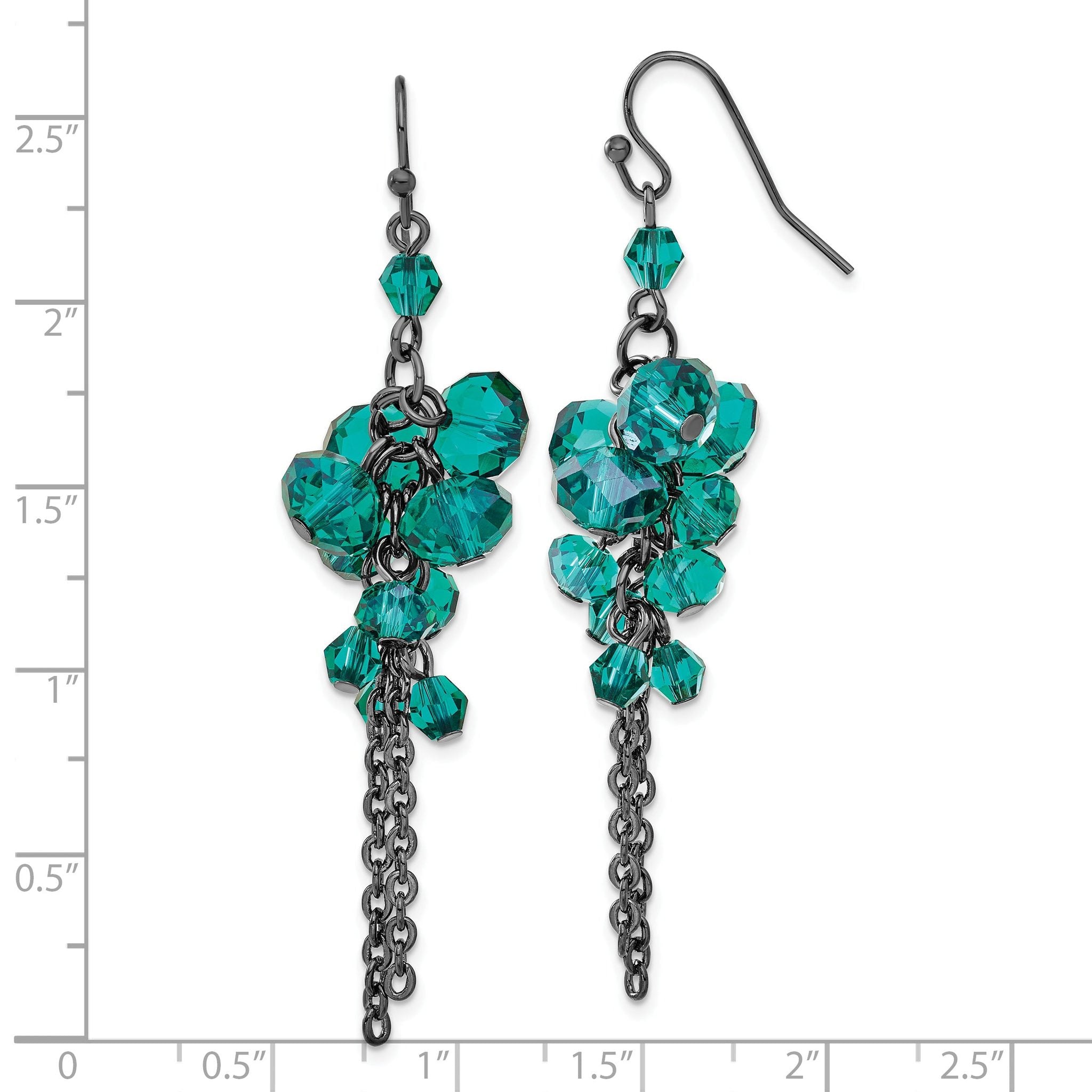 Dark Green Glass Bead Dangle Earrings in Black-Plated Fashion Metal