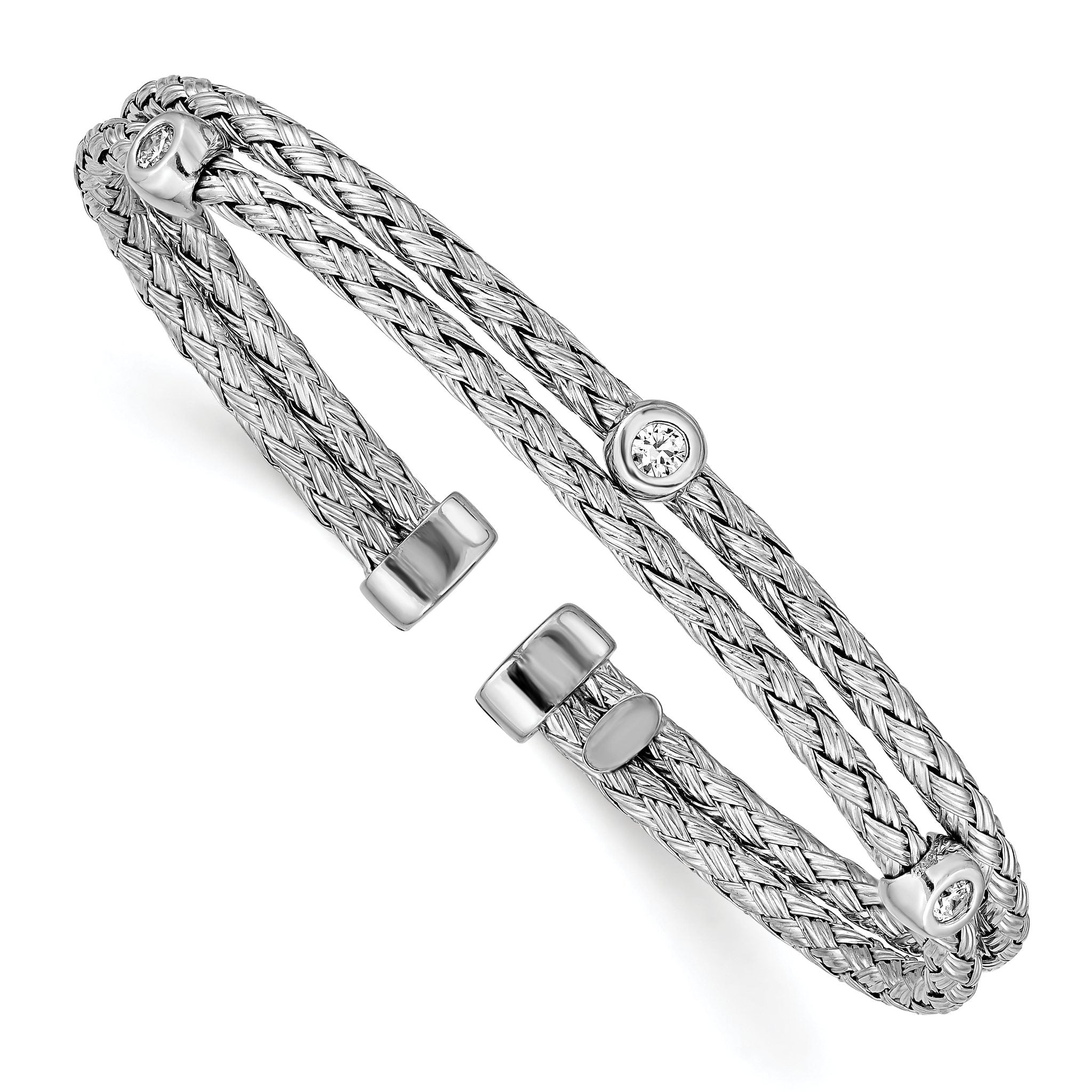 Sterling Silver CZ Cuff Bangle with Polished Rhodium Finish Main image