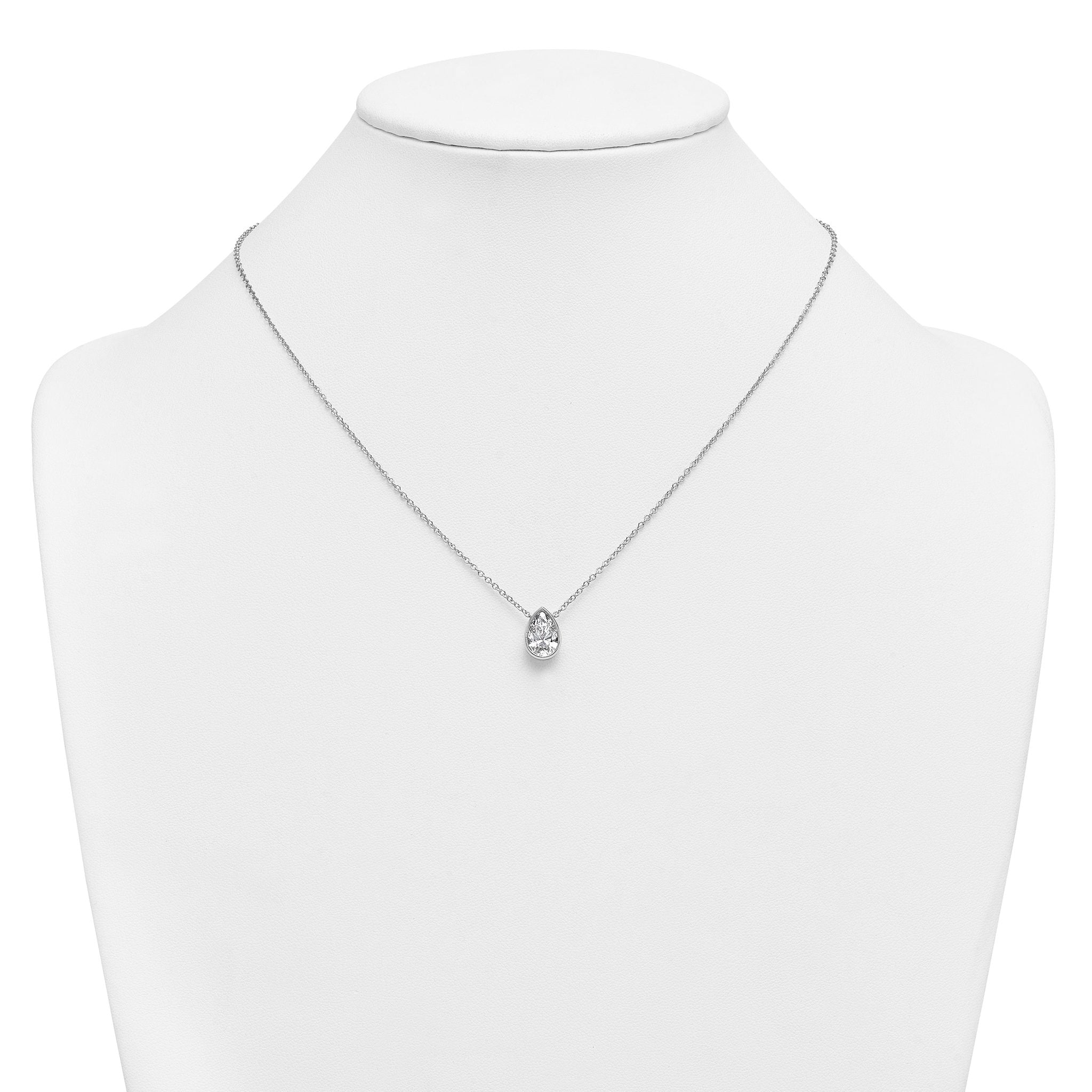 14k White Gold 2 carat Certified Lab Grown Diamond VS+ F+ Pear Complete 18 inch Bezel Set Solitaire Necklace