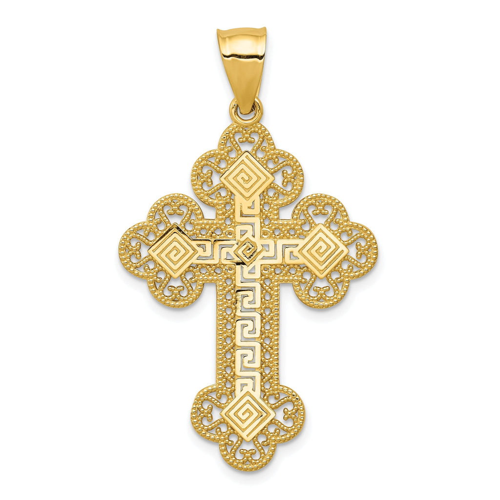 14K Gold Solid Greek Key Cross Pendant with Elegant Design