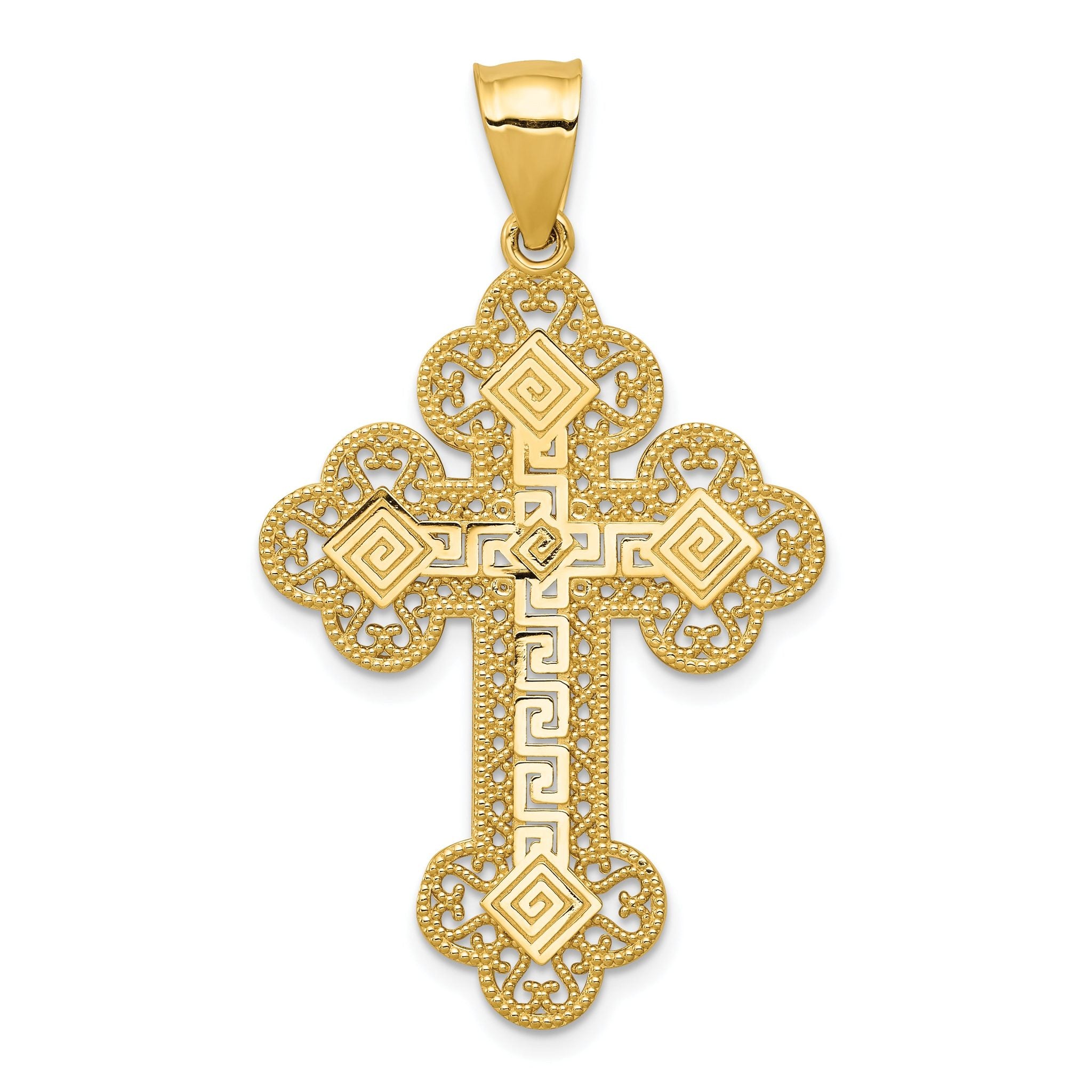 14K Gold Solid Greek Key Cross Pendant with Elegant Design