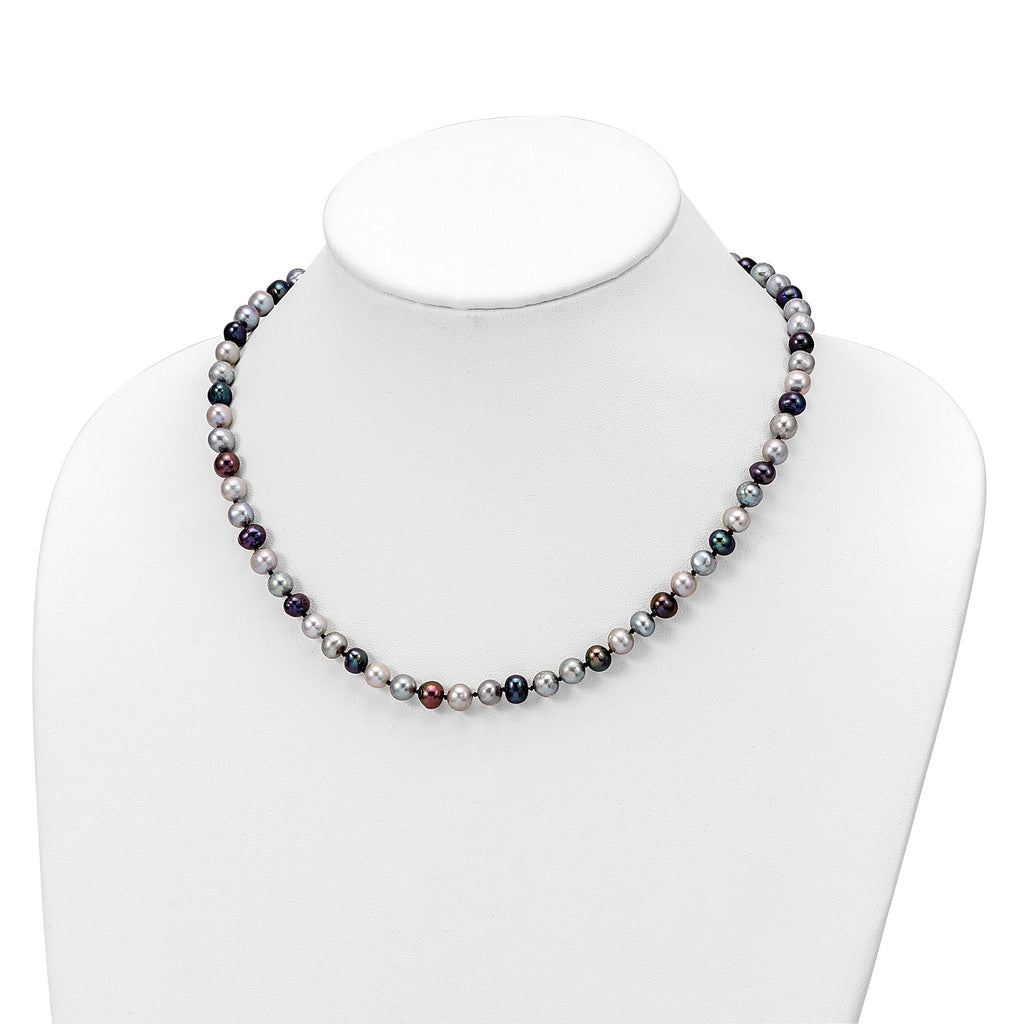 Sterling Silver Rhodium-plated 6-7mm Grey and Black Semi-Round Freshwater Cultured Pearl 18 inch Necklace and 7.25 Bracelet and 3-piece Button Post Earrings Set