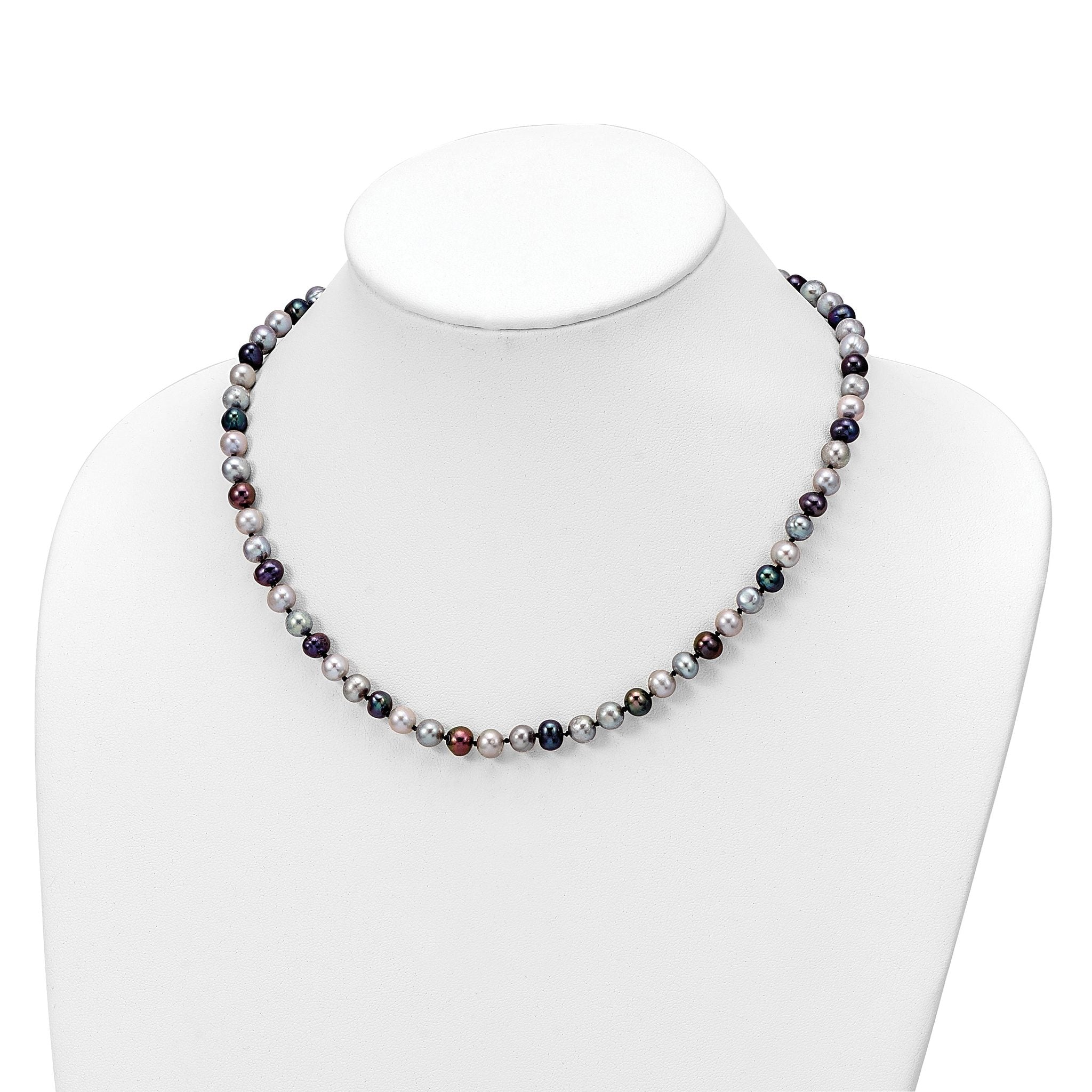 Sterling Silver Rhodium-plated 6-7mm Grey and Black Semi-Round Freshwater Cultured Pearl 18 inch Necklace and 7.25 Bracelet and 3-piece Button Post Earrings Set