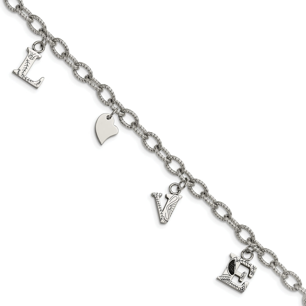 Stainless Steel Polished and Textured Love Charm Bracelet for Women