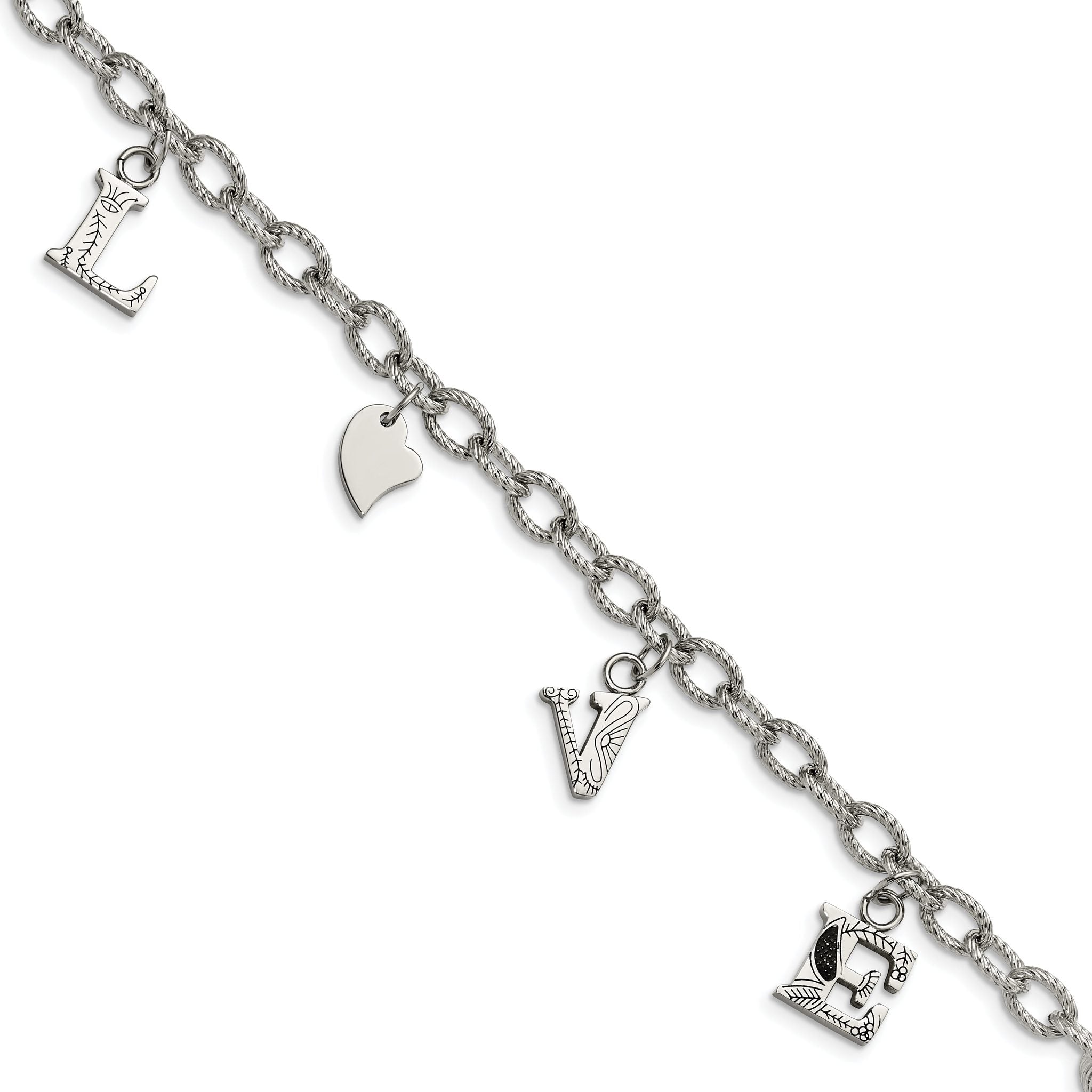 Stainless Steel Polished and Textured Love Charm Bracelet for Women