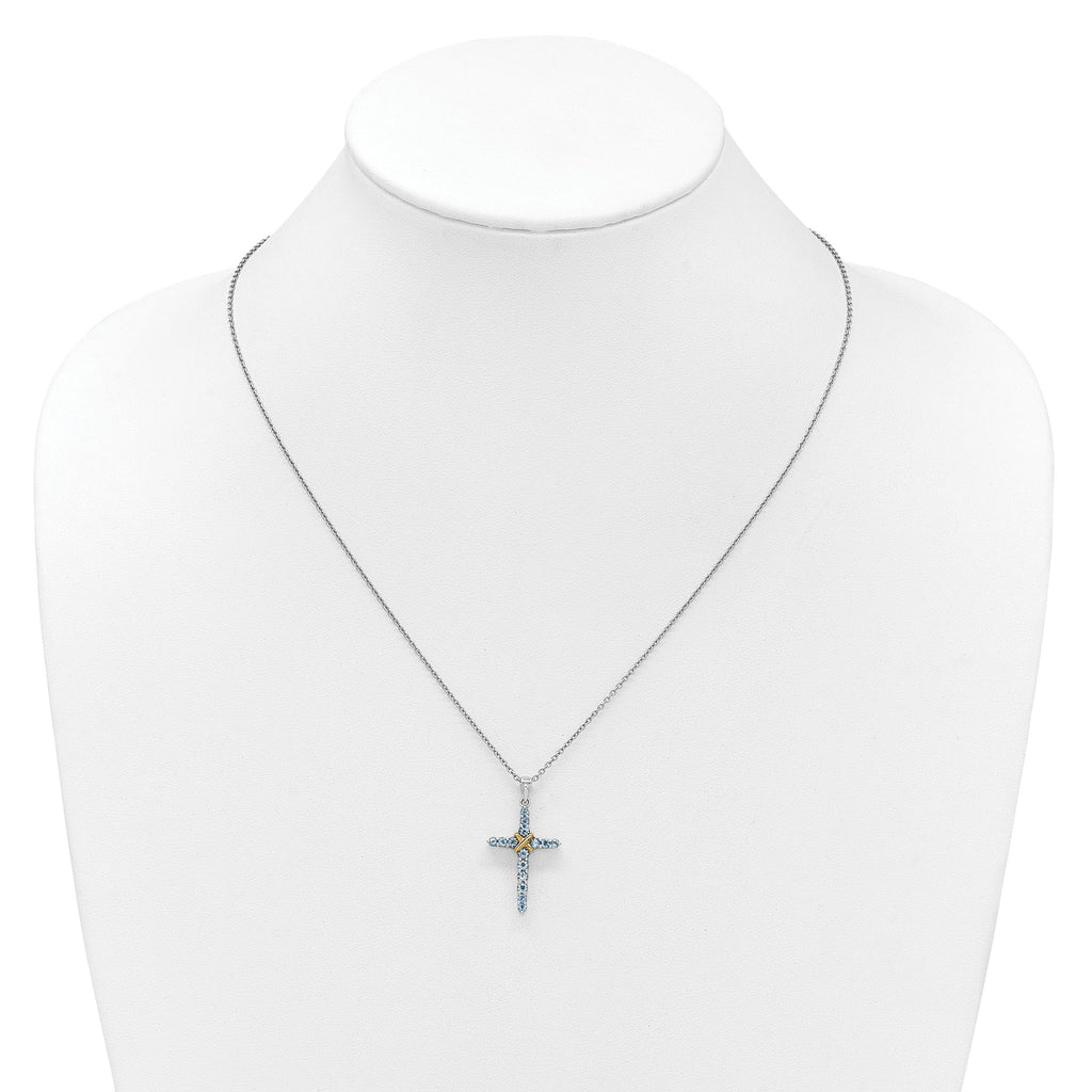 Shey Couture Sterling Silver Rhodium-plated with 14k -X- Accent Round Light Swiss Blue Topaz Cross 18 inch with 2 inch Extension Necklace