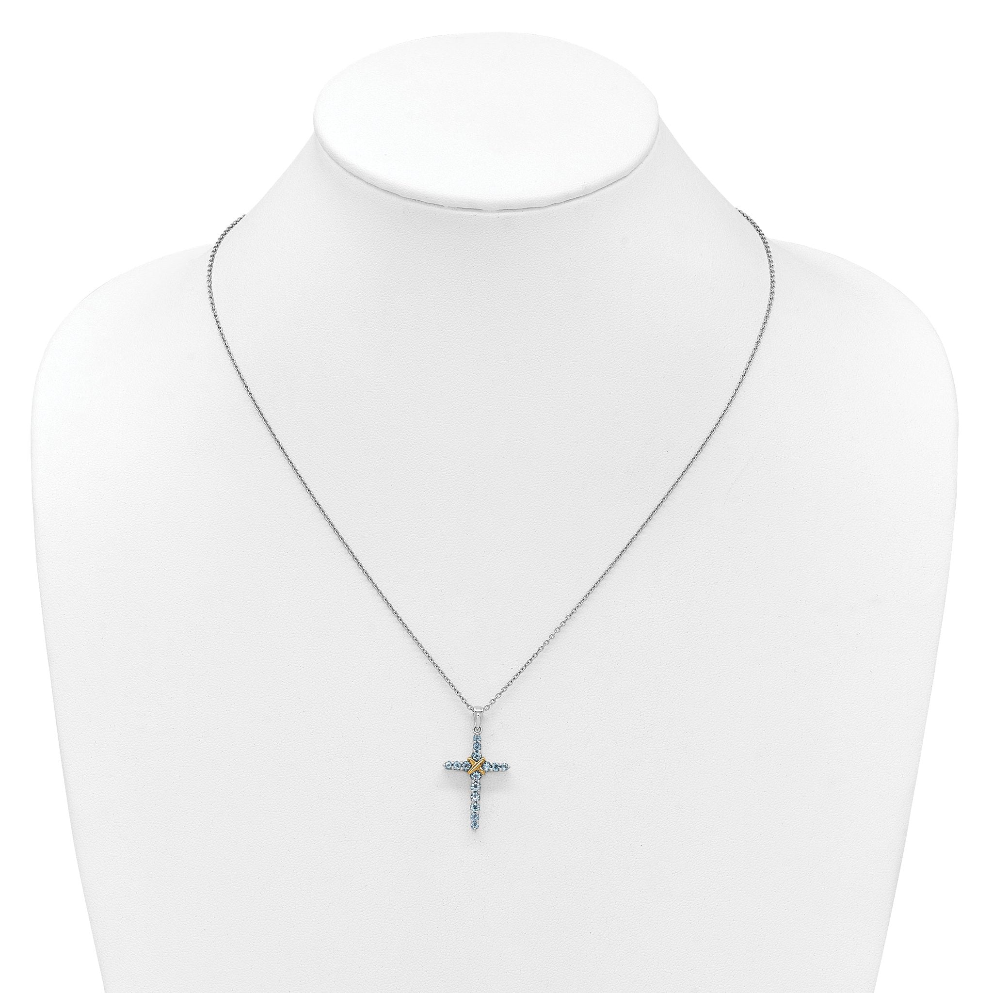 Shey Couture Sterling Silver Rhodium-plated with 14k -X- Accent Round Light Swiss Blue Topaz Cross 18 inch with 2 inch Extension Necklace