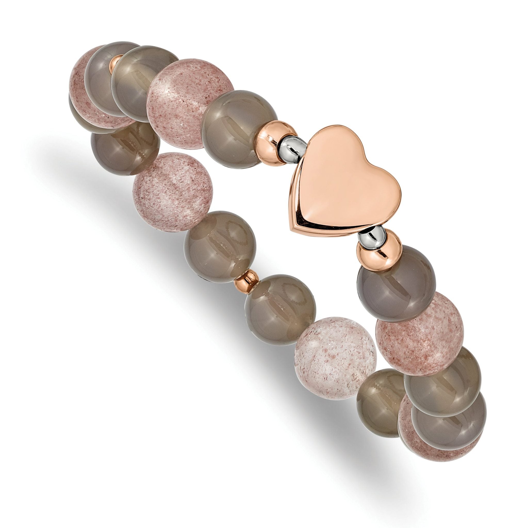 Stainless Steel Polished Rose IP-plated Heart 10mm Grey Agate and Strawberry Quartz Beaded Stretch Bracelet for Women Main image