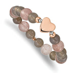 Stainless Steel Polished Rose IP-plated Heart 10mm Grey Agate and Strawberry Quartz Beaded Stretch Bracelet for Women