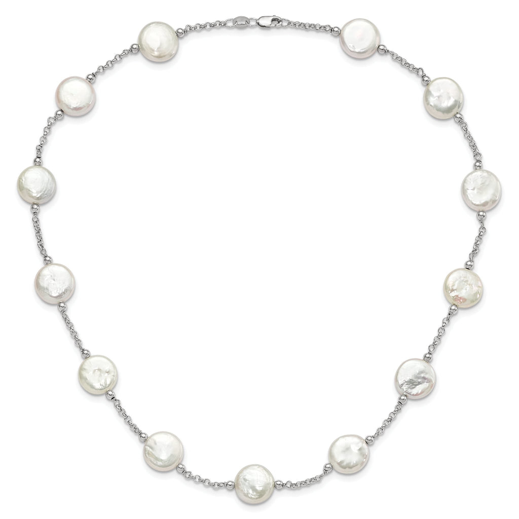 Sterling Silver Rh-pltd 12-13mm White Coin FWC Pearl 13-station Necklace
