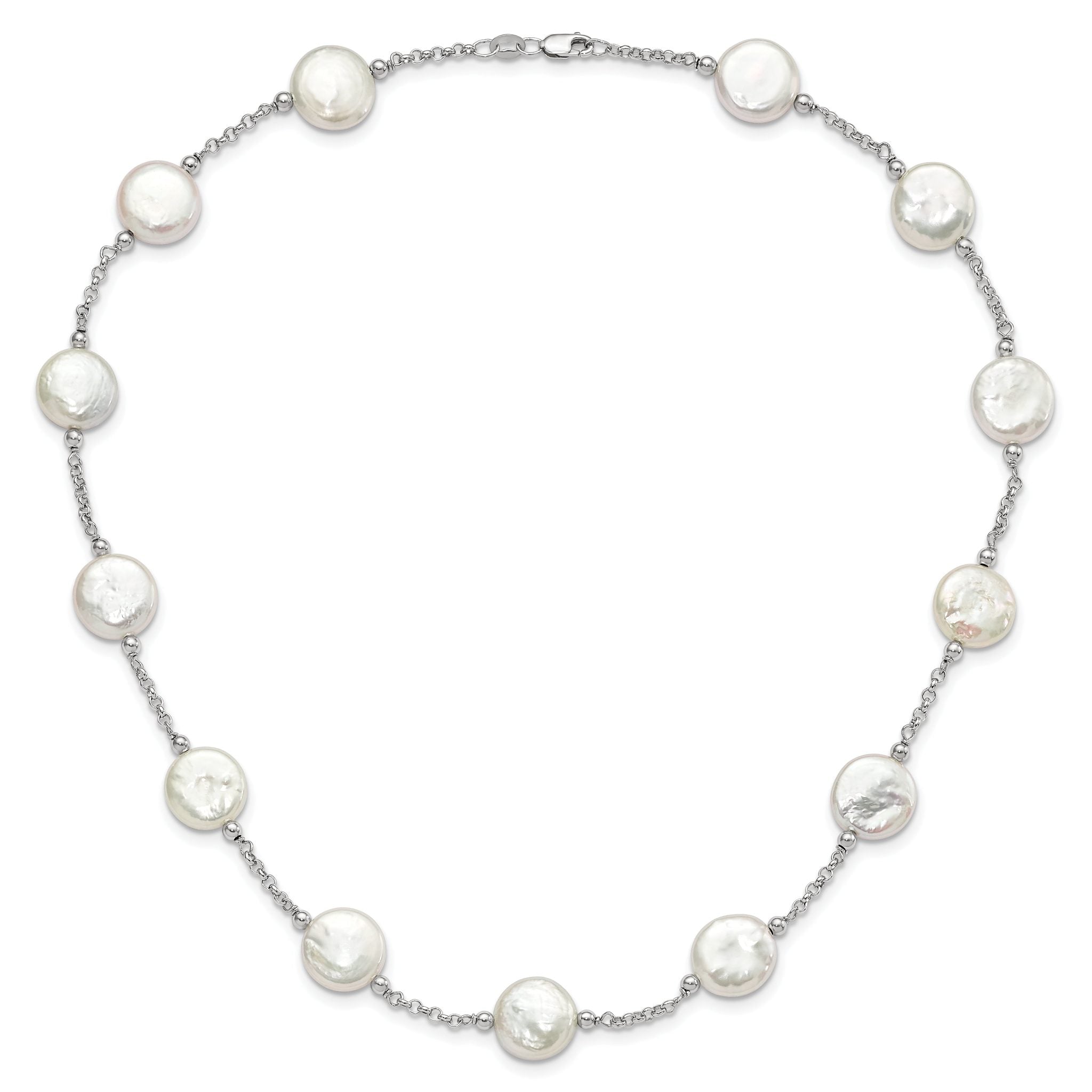 Sterling Silver Rh-pltd 12-13mm White Coin FWC Pearl 13-station Necklace