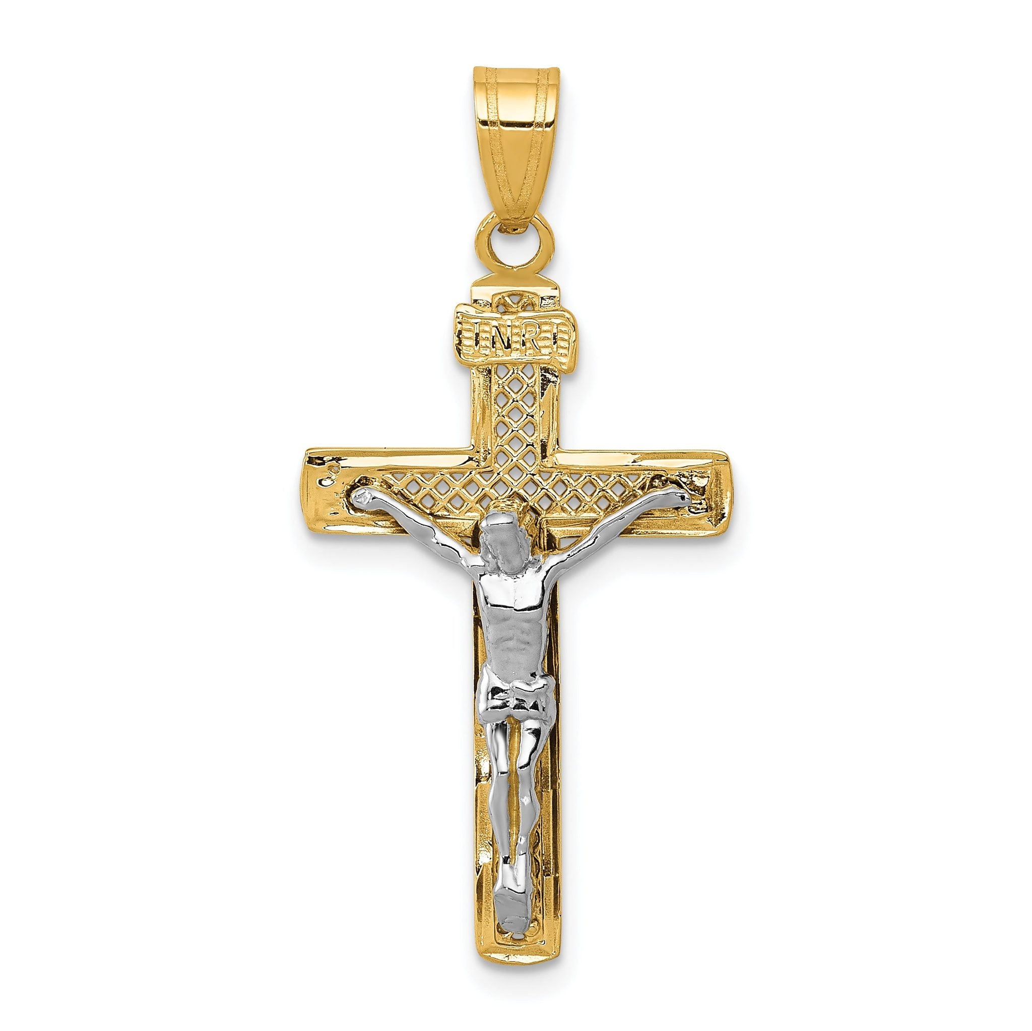 14K Two-Tone Gold Diamond-Cut Lattice Cross Crucifix Pendant Polished Finish