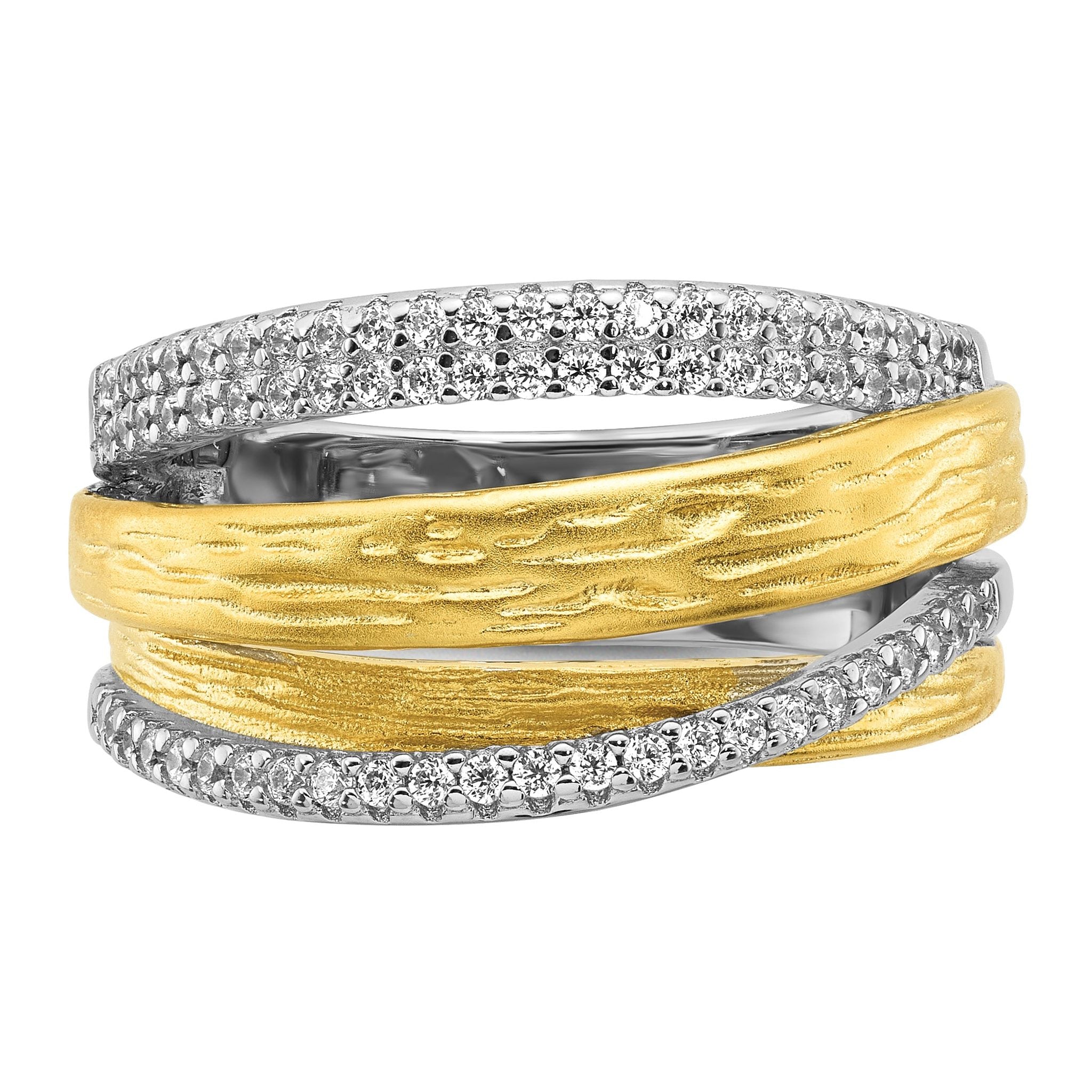 Sterling Silver Rhodium-plated and Gold-tone CZ Textured Brushed 4-Row Size 6 Ring