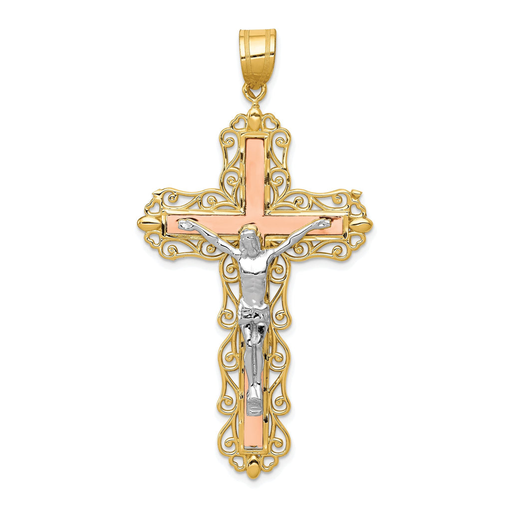 14K Tri-Color Gold Crucifix Pendant with Diamond-Cut Detailing, 61mm