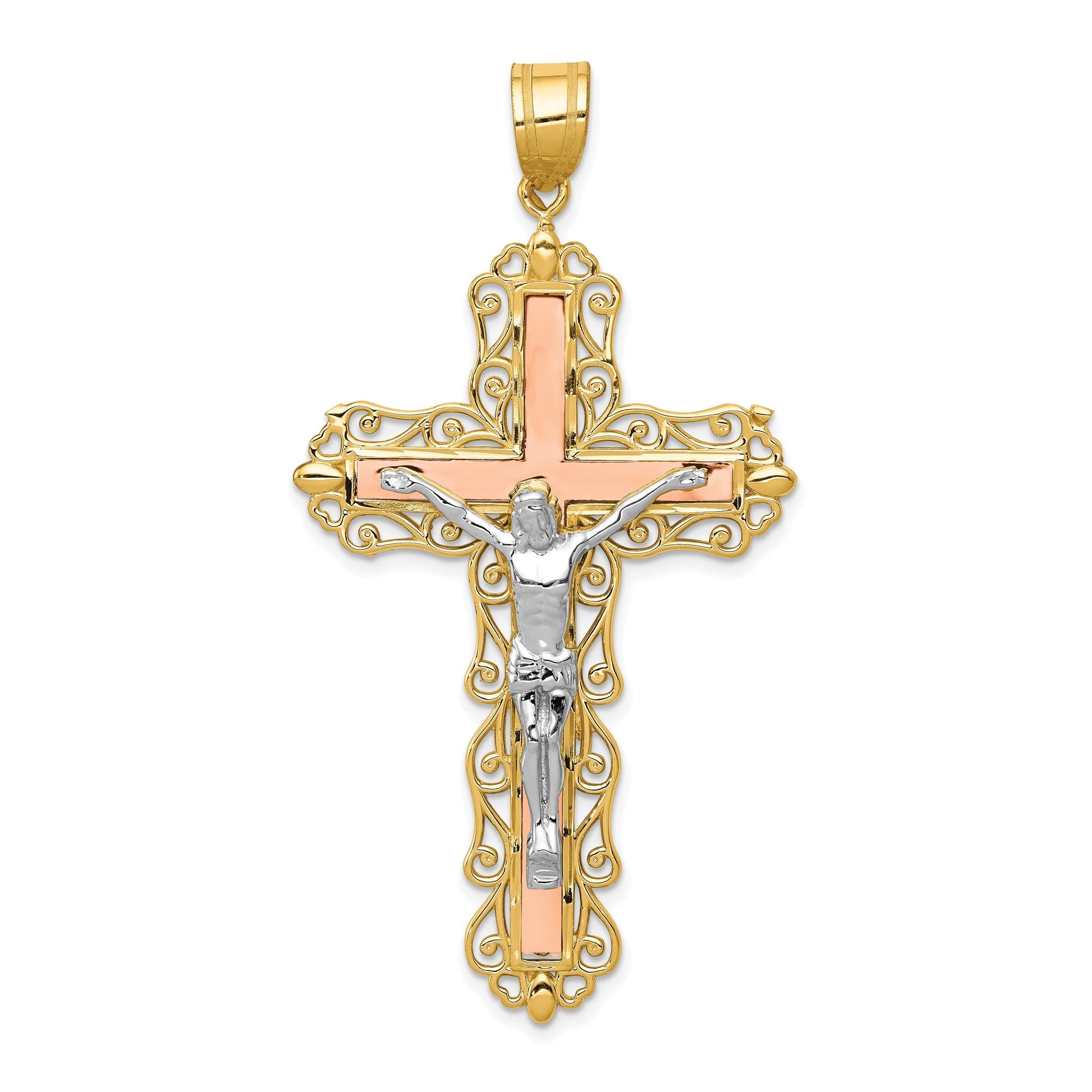14K Tri-Color Gold Crucifix Pendant with Diamond-Cut Detailing, 61mm