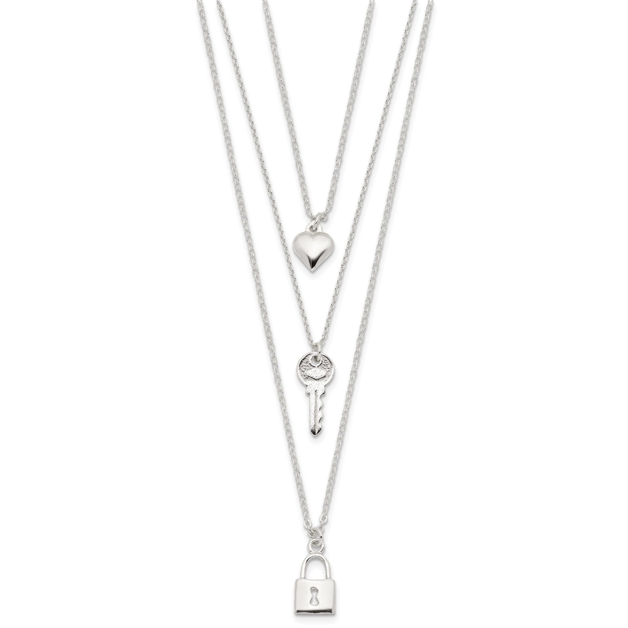 Sterling Silver Lock, Heart and Key Multi-Strand 16in Necklace
