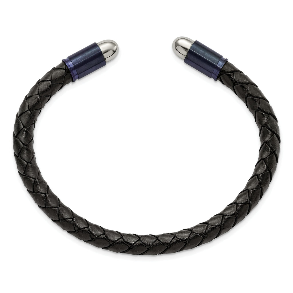 Stainless Steel Brushed and Polished Blue/Dark Grey IP-plated Black Leather Flexible Cuff Bangle Bracelet