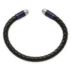 Stainless Steel Brushed and Polished Blue/Dark Grey IP-plated Black Leather Flexible Cuff Bangle Bracelet
