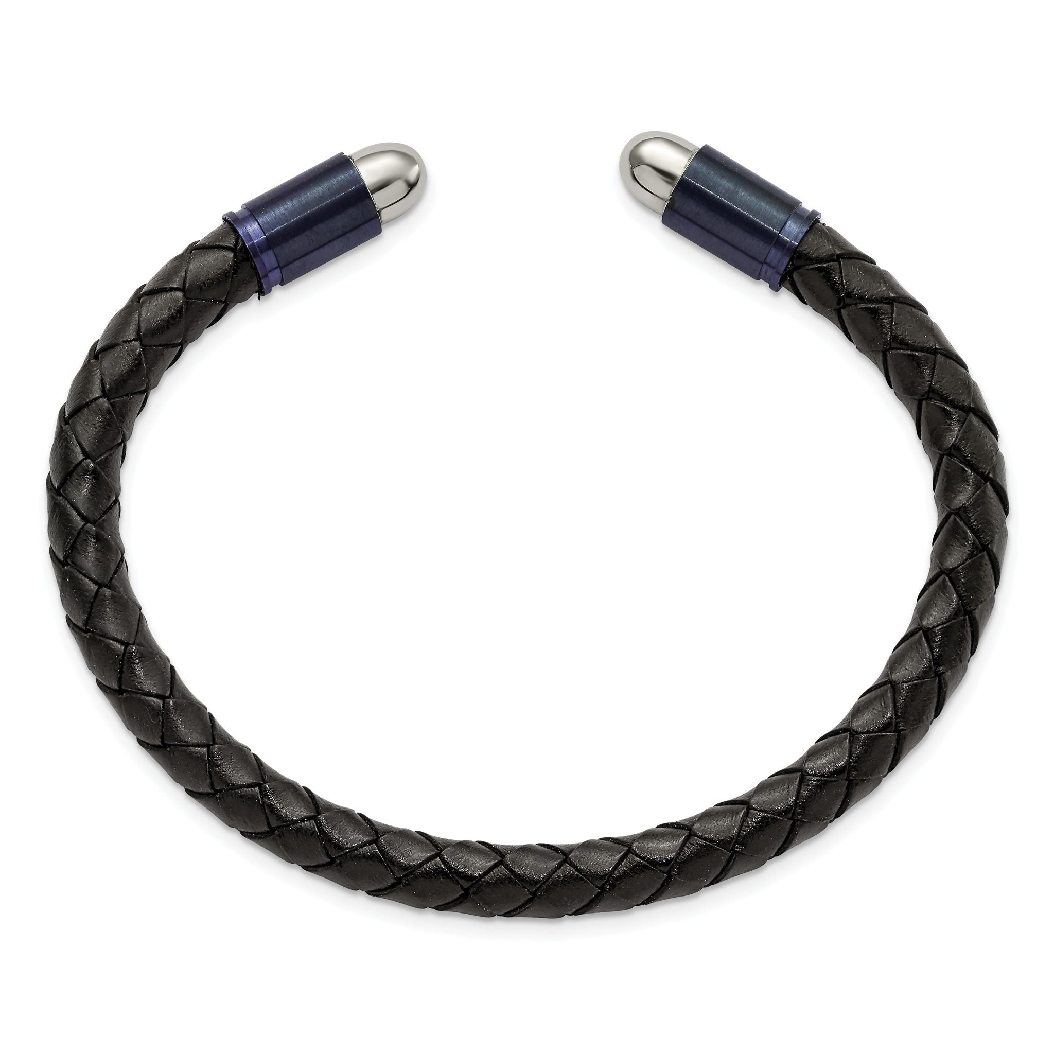 Stainless Steel Brushed and Polished Blue/Dark Grey IP-plated Black Leather Flexible Cuff Bangle Bracelet