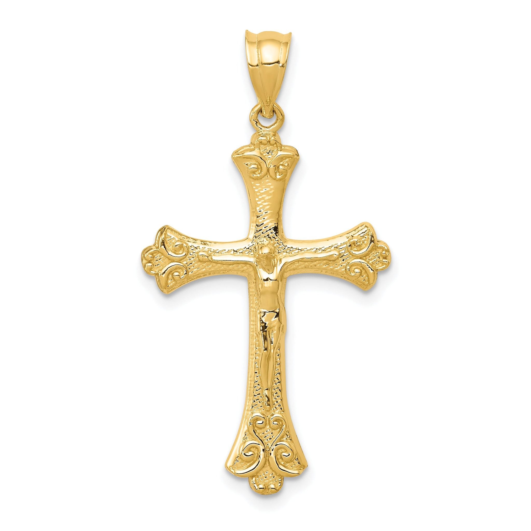 14K Gold Crucifix Pendant with Polished Finish  Solid and Textured Design
