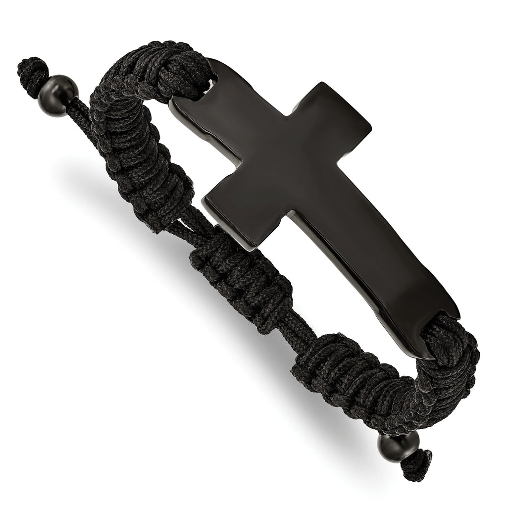 Stainless Steel Polished Black IP-plated Cross Black Nylon Adjustable Bracelet for Men