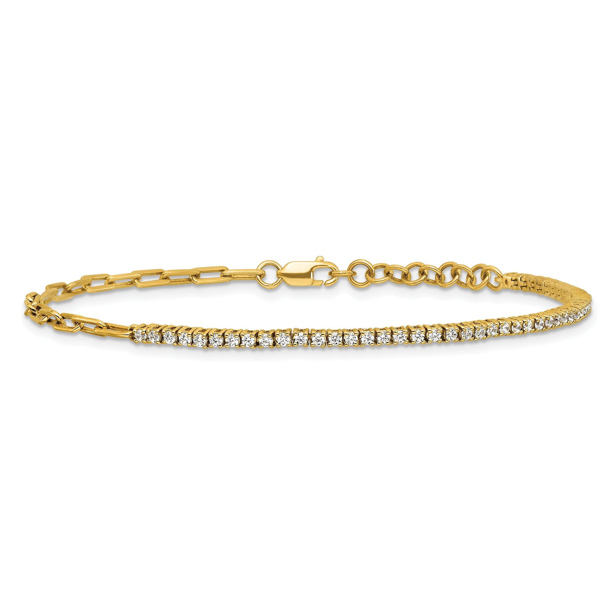 14K Polished Complete 3/4 carat Diamond Paperclip Link 7 inch Bracelet with 1 inch Extender