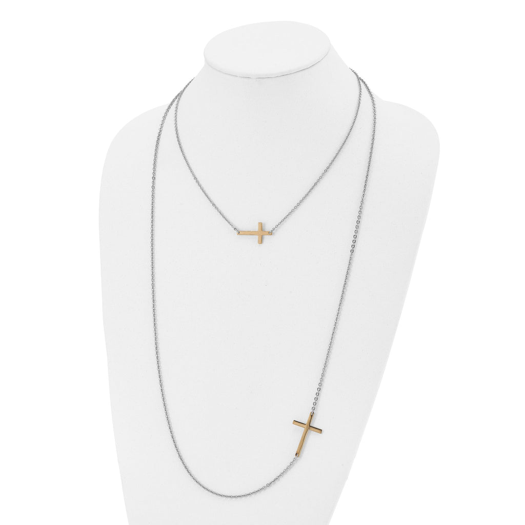 Gold Tone Stainless Steel Layered Necklace with Polished Sideways Cross for Women