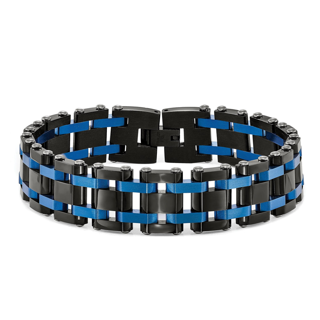Stainless Steel Brushed and Polished Black and Blue IP-plated Link Bracelet for Men