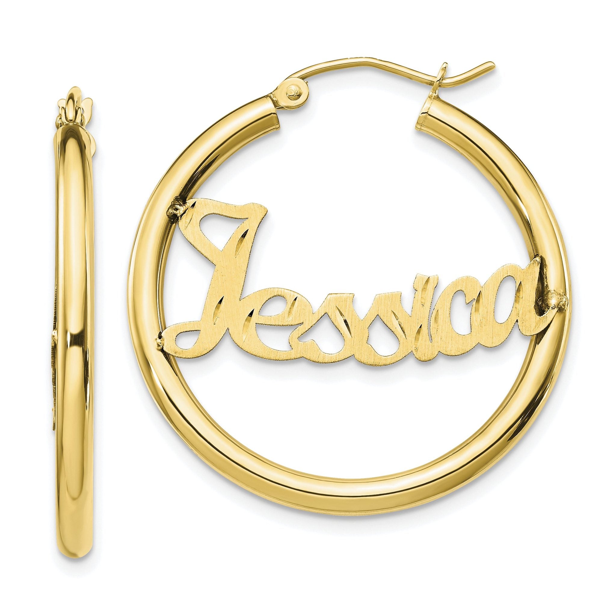 10k Yellow Gold Satin and Diamond-cut Name Plate Hoop Earrings Main image