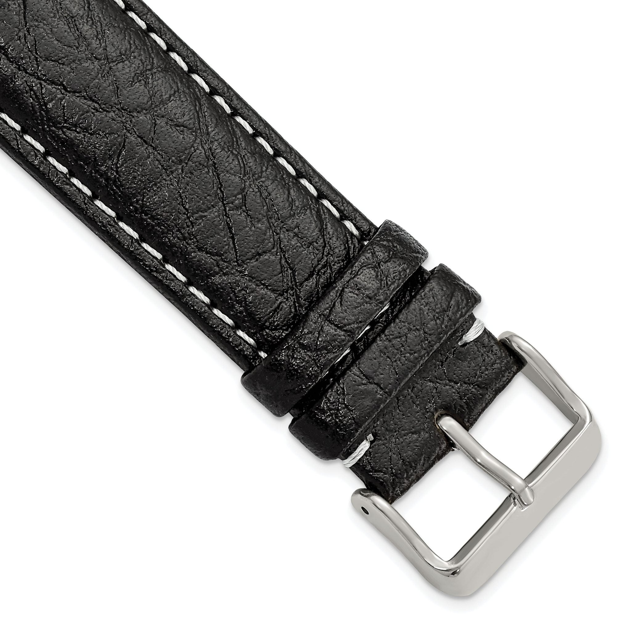 Sport Watch Band in Black Leather with White Stitching, 26mm