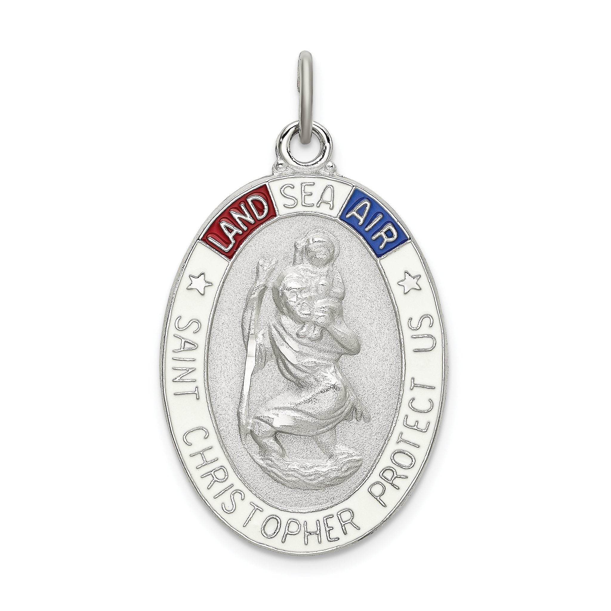 Sterling Silver 925 St. Christopher Medal with Enamel Accents, Polished, Platinum Plated Main image
