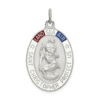 Sterling Silver 925 St. Christopher Medal with Enamel Accents, Polished, Platinum Plated