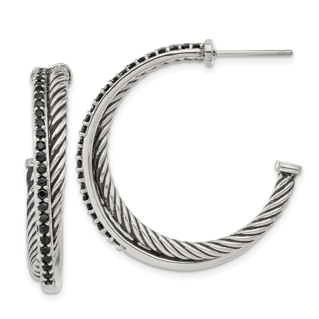 Stainless Steel Polished & Antiqued Twisted Black Cubic Zirconia C-Hoop Earrings for Women